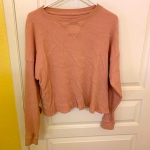 Plush pink waffle-pattern long sleeve shirt